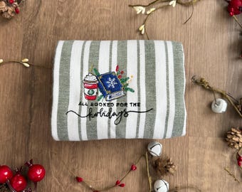 Für den Urlaub Gebuchtes grün gestreiftes Geschirrtuch | Ist das Saison | Gemütliches Winter Dekor | Urlaub Geschenk | Weihnachtsdekor | Buchliebhaber