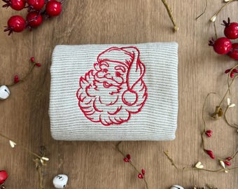Rot gestickte Weihnachtsmann auf Streifen Handtuch | Weihnachtsgeschirrtuch | Festliche Feiertage Küche Dekor | Handgemachtes Handtuch Handtuch | Weihnachtsgeschenk