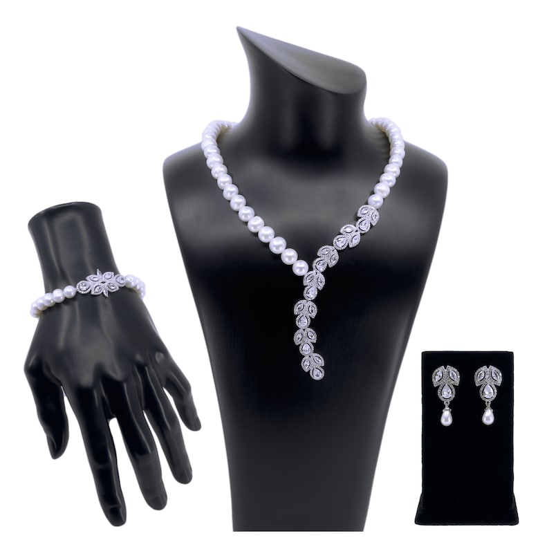 Bridal Jewellery Set, Silver Wedding Set, Wedding Necklace, Pearl and Sterling Silver Set, Cz