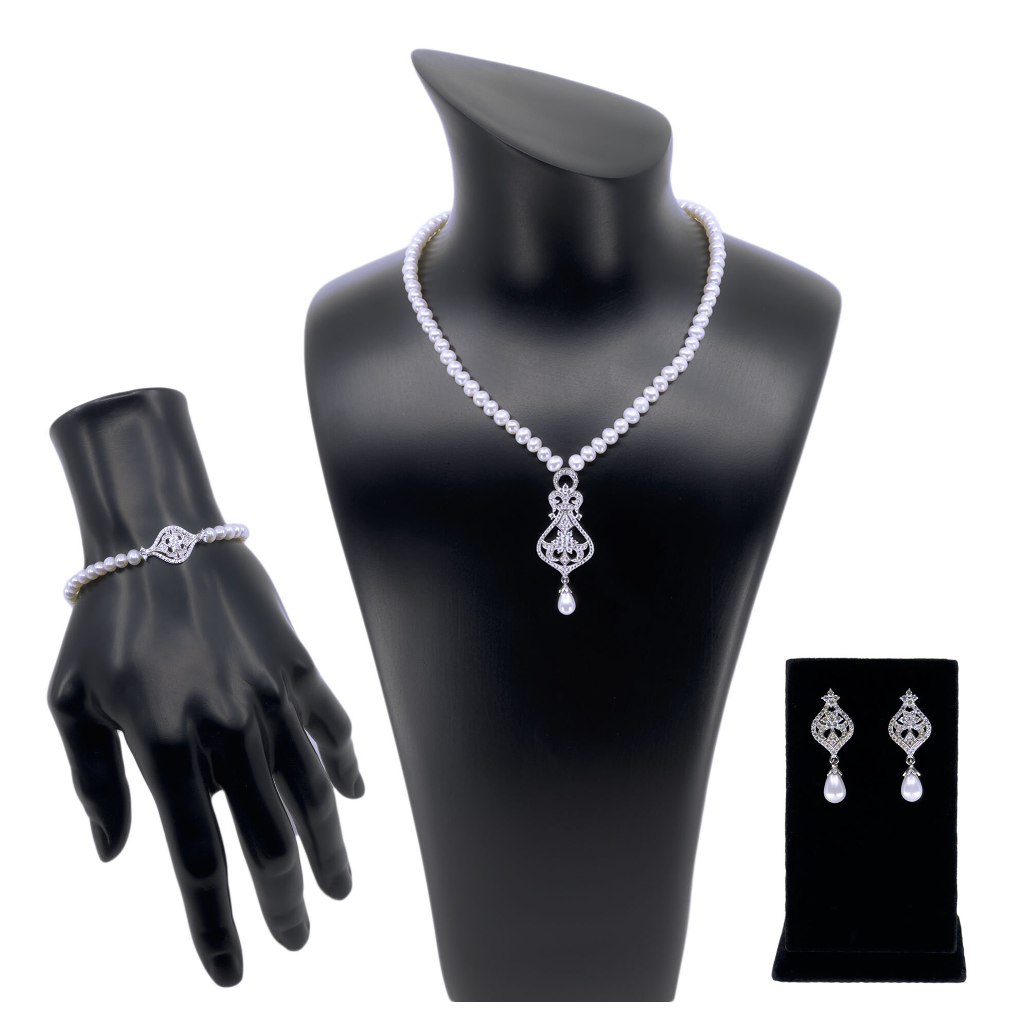 Bridal Jewellery Set, Silver Wedding Set, Wedding Necklace, Pearl and Sterling Silver Set, Cz