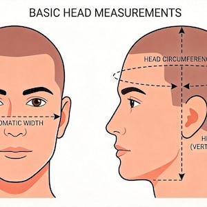 May include: An educational diagram titled BASIC HEAD MEASUREMENTS showing a front and side view of a human head. The front view indicates ZYGOMATIC WIDTH with a dashed arrow, while the side view shows HEAD CIRCUMFERENCE and HEAD LENGTH.