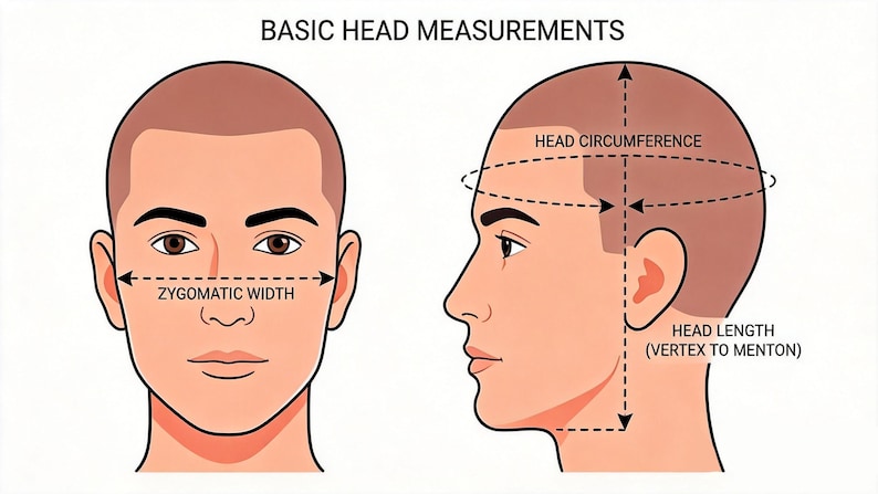 May include: An educational diagram titled BASIC HEAD MEASUREMENTS showing a front and side view of a human head. The front view indicates ZYGOMATIC WIDTH with a dashed arrow, while the side view shows HEAD CIRCUMFERENCE and HEAD LENGTH.