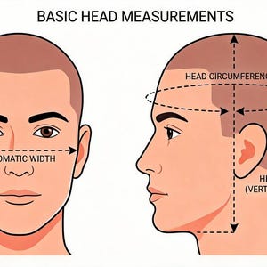 Pode incluir: Um diagrama intitulado BASIC HEAD MEASUREMENTS mostrando uma vista frontal e lateral de uma cabe&ccedil;a humana. A vista frontal indica a ZYGOMATIC WIDTH com uma linha tracejada. A vista lateral mostra HEAD CIRCUMFERENCE e HEAD LENGTH.