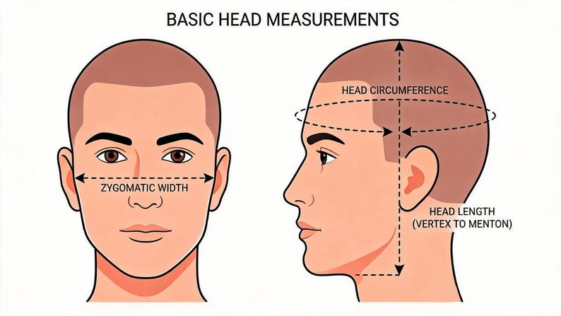 Pode incluir: Um diagrama intitulado BASIC HEAD MEASUREMENTS mostrando uma vista frontal e lateral de uma cabe&ccedil;a humana. A vista frontal indica a ZYGOMATIC WIDTH com uma linha tracejada. A vista lateral mostra HEAD CIRCUMFERENCE e HEAD LENGTH.