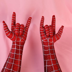 Custom Spider Cosplay Gloves: Red Lycra Web Pattern Arm Sleeves image 1