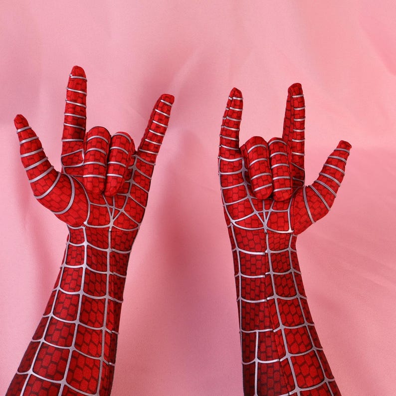 Custom Spider Cosplay Gloves: Red Lycra Web Pattern Arm Sleeves image 1