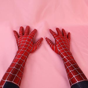 Custom Spider Cosplay Gloves: Red Lycra Web Pattern Arm Sleeves image 2