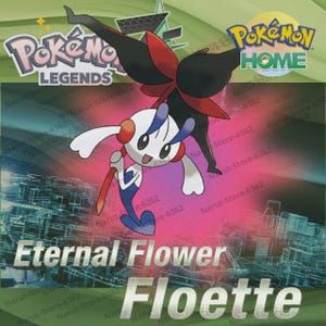 Puede incluir: Una tarjeta coleccionable de Pokémon con Floette. La tarjeta tiene un fondo rosa y morado con el texto "Eternal Flower Floette". El Pokémon es blanco, azul y rojo con un diseño floral negro y rojo. También tiene los logos de Pokémon Legends y Home.