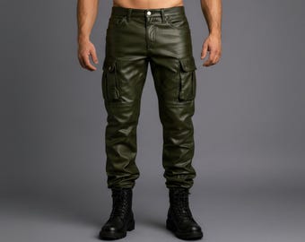 Herren Grüne Leder Cargohose - Slim Fit Handgemachte Bikerhose