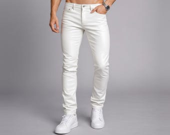 Herren Slim Fit Weiße Lederhose - Handgemachte Skinny Hose