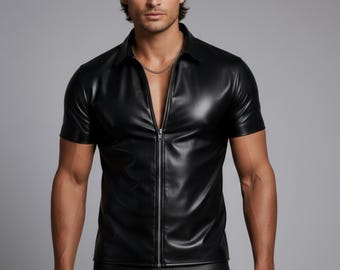 Handgemaakt zwart leren herenshirt met rits