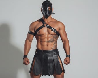 Set zwart leren gladiatorkilt en harnas voor heren – cosplaykostuum