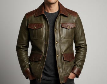 Chaqueta de cuero vintage verde y marrón para hombre – Abrigo tipo blazer de cuero genuino hecho a mano