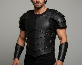 Zwart leren harnasvest voor heren, middeleeuws LARP-kostuum Viking, gothic biker-cosplayoutfit