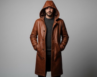 Handgemaakte bruine leren herentrenchcoat met capuchon - vintage leren jas