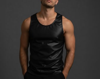Zwarte leren tanktop heren – handgemaakt slim fit biker-spiershirt