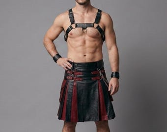 Handgemaakte leren kilt met borstharnas: Gladiator cosplaykostuum