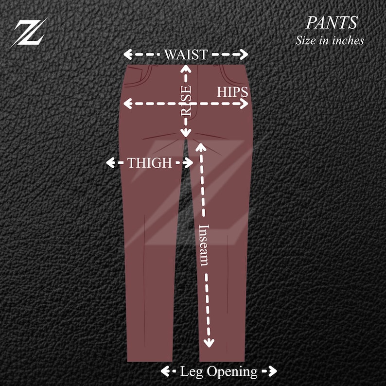 K&ouml;nnte beinhalten: Diagramm einer Hose mit beschrifteten Ma&szlig;en: Taille, Schritt, H&uuml;fte, Oberschenkel, Schrittl&auml;nge und Bein&ouml;ffnung. Der Text "PANTS Size in inches" wird angezeigt. Ein stilisiertes "Z"-Logo befindet sich in der oberen linken Ecke.