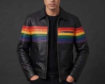 Chaqueta de motociclista de cuero con rayas arcoíris para hombre, color negro.
