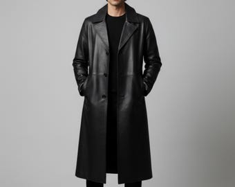 Handgemaakte zwarte leren herentrenchcoat - lange bikerjas
