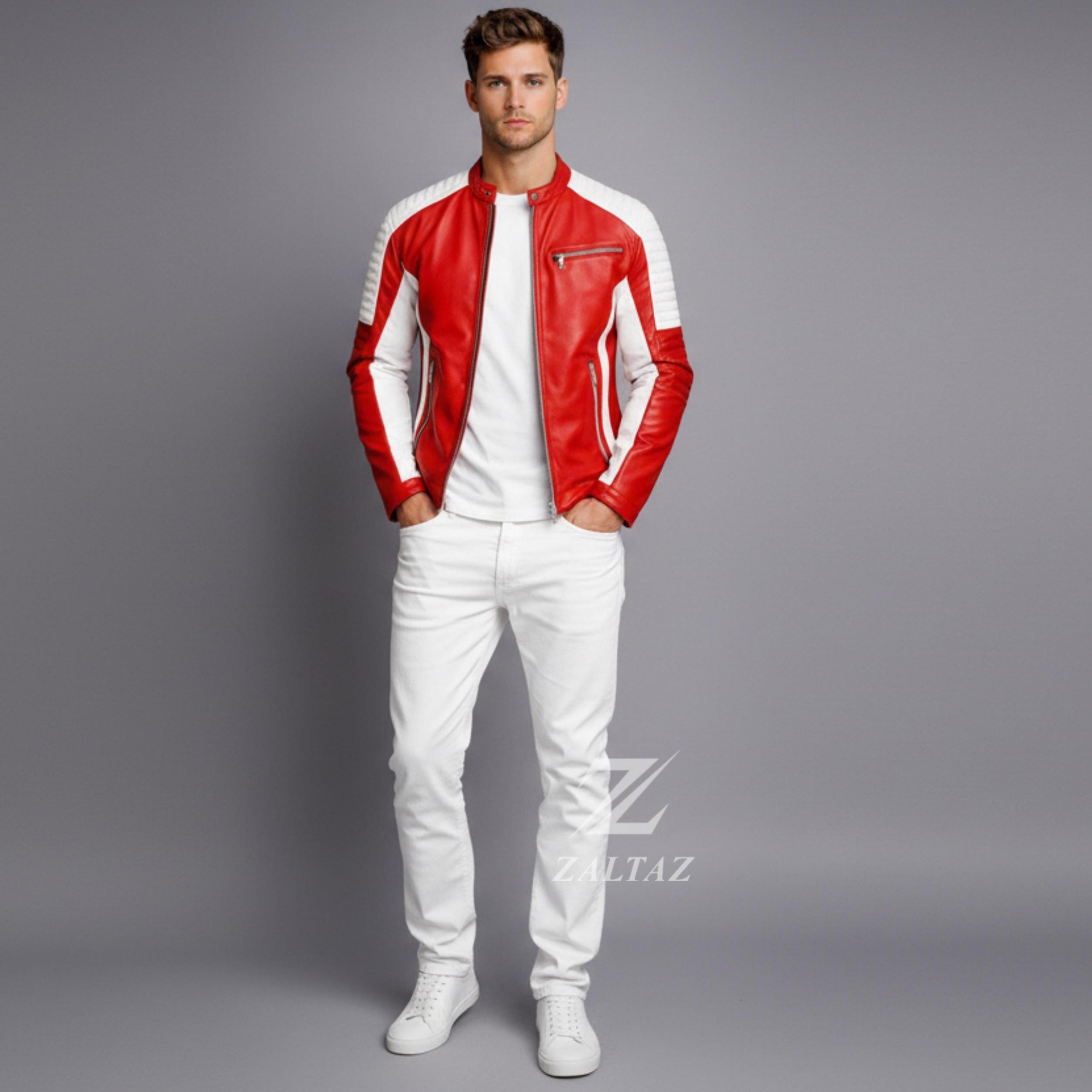 Men’s Red and White Leather Moto Jacket – Two Tone Slim Fit Racing ...