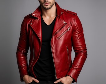 Chaqueta de motociclista de cuero rojo hecha a mano para hombre - Chaqueta de motociclista de corte entallado