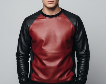 Heren sweatshirt van zwart en rood leer – Handgemaakte trui met ronde hals