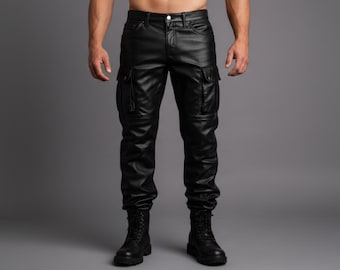 Herren Schwarze Leder Cargohose - Slim Fit Handgemachte Bikerhose