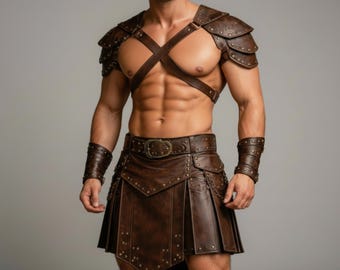 Bruin leren harnasset voor heren – handgemaakt gladiatorkostuum met studs en kilt