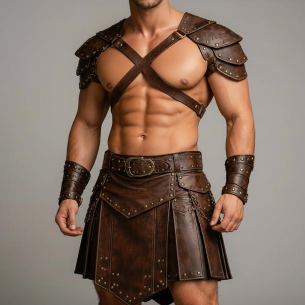 Conjunto de armadura de cuero marrón para hombre: arnés con tachuelas hecho a mano y traje de gladiador con falda escocesa