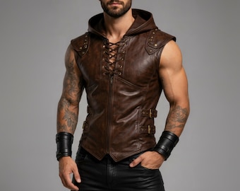 Men’s Brown Leather Hooded Vest | Lace Up Jerkin Jacket | Medieval Renaissance Costume Wear