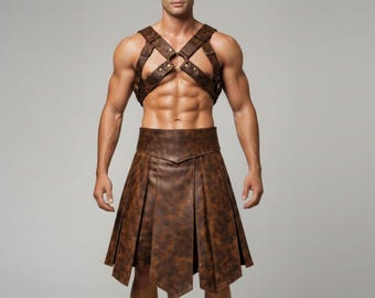 Set bruin leren kilt en harnas heren – vintage ruig Vikingkostuum