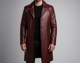 Handgemaakte leren herentrenchcoat, vintage lange motorjas - koeienhuid luxe bovenkleding