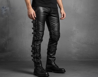Herren Schwarz Leder Motorradhose, Gothic Biker Handgemachte Slim Fit Punk Rock Hose
