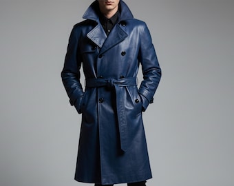Blauwe leren herentrenchcoat – handgemaakte lange jas met dubbele rij knopen