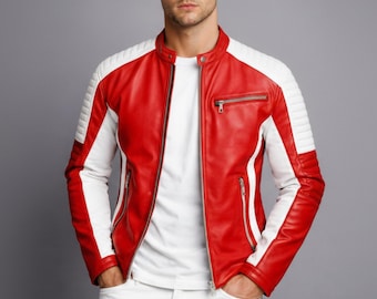 Chaqueta de motociclista de cuero rojo y blanco para hombre: chaqueta de carreras de corte entallado bicolor
