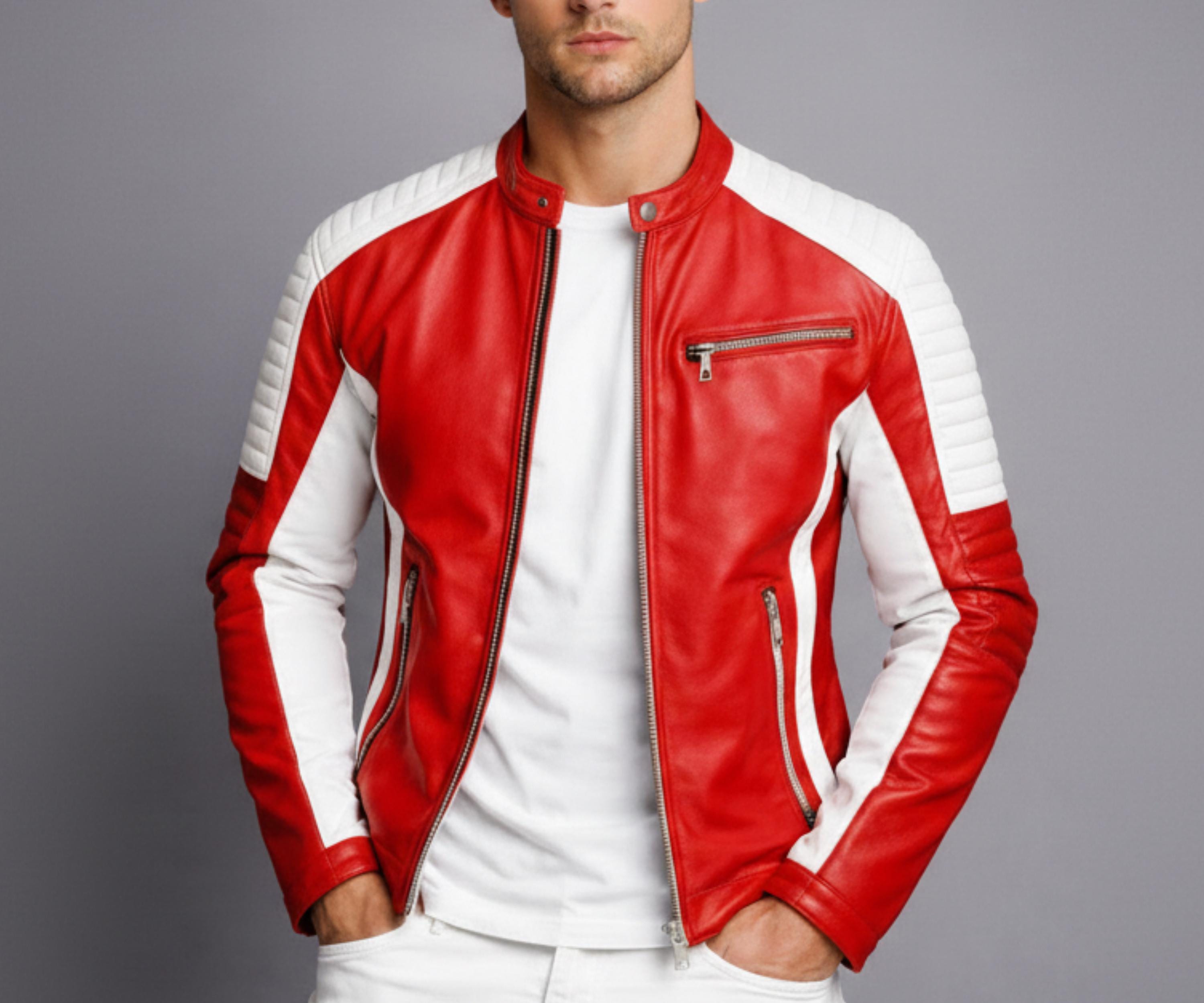 Men’s Red and White Leather Moto Jacket – Two Tone Slim Fit Racing ...