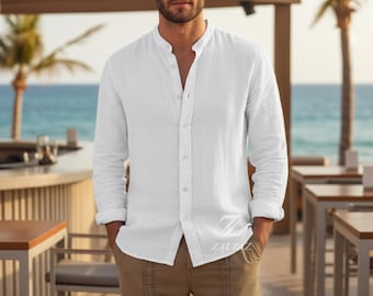 Linnen herenstrandshirt met lange mouw, lichtgewicht ademende zomeropstaande kraag Vakantietop