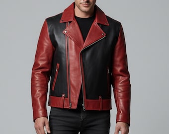 Chaqueta de cuero roja y negra para hombre – Estilo motociclista, corte ajustado, estilo punk rock.