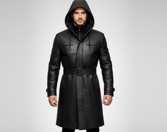 Handgemaakte zwarte leren herentrenchcoat met capuchon - gotische leren jas