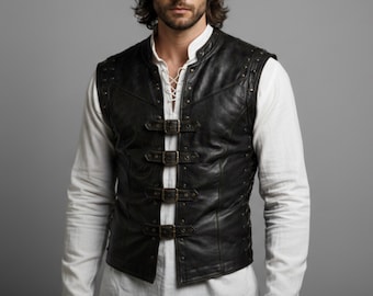 Zwart vest in middeleeuwse stijl met gesp voor heren – vintage leer, op steampunk geïnspireerd ontwerp