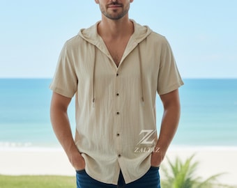 Linnen herenoverhemd met capuchon | Zomer lichtgewicht casual strand ademende hoodie met trekkoord en korte mouwen
