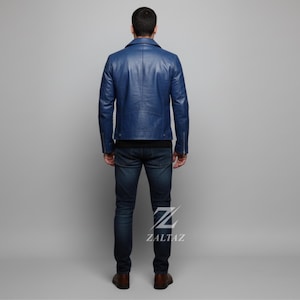 Chaqueta de motociclista de cuero azul hecha a mano para hombre – Chaqueta de moto con estilo imagen 3