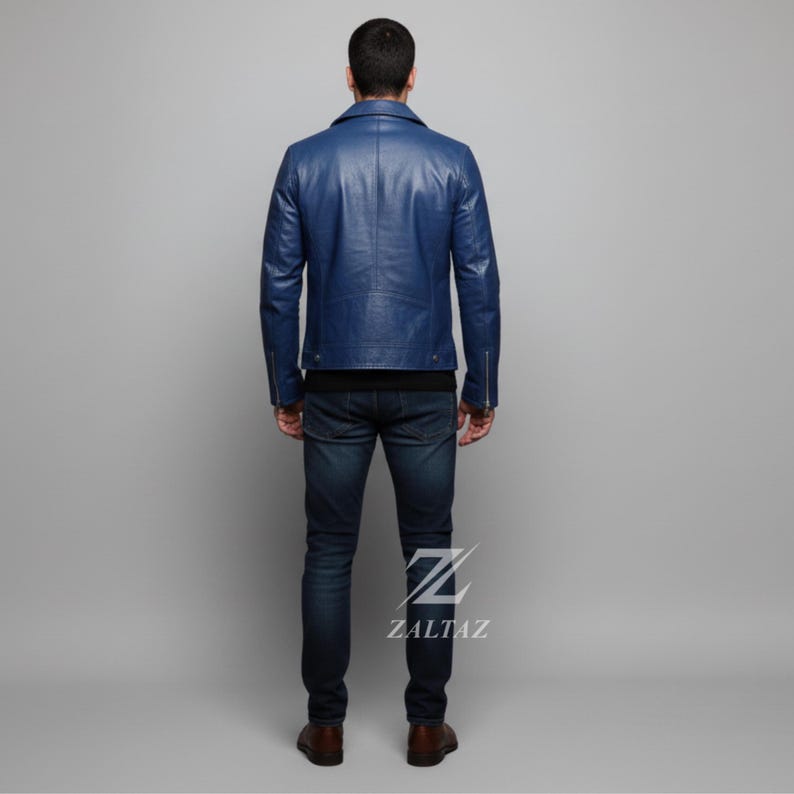 Chaqueta de motociclista de cuero azul hecha a mano para hombre – Chaqueta de moto con estilo imagen 3