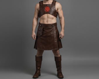 Bruin leren kiltharnas voor heren – middeleeuwse cosplay-outfit