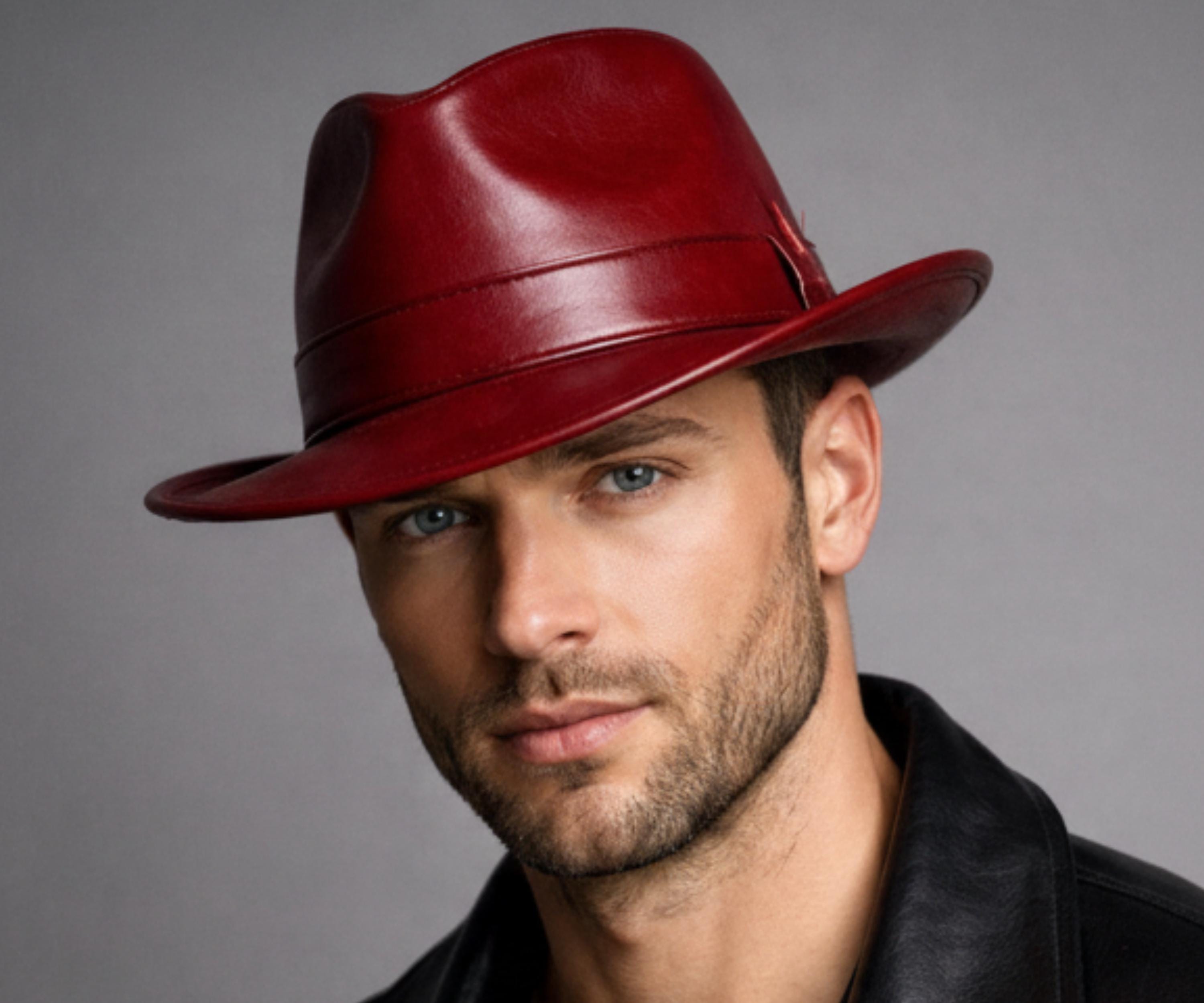 Classic Red Wool Fedora Hat – Bold Statement with Brown Faux Leather Band Red Leather Fedora - Etsy main image 4