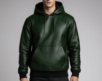 Handgemaakte groene hoodie van echt leer voor heren – aangepaste leren trui