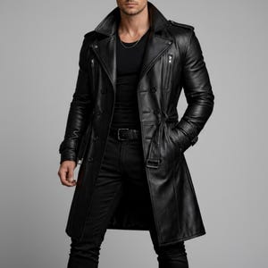 以下が含まれることがあります： ダブルブレストのデザインの黒いレザートレンチコート。ノッチドラペル、ベルト、ジッパーのディテールが特徴です。コートは膝丈で、すっきりとしたテーラードフィットです。黒いシャツと黒いパンツの上にコートを着ています。