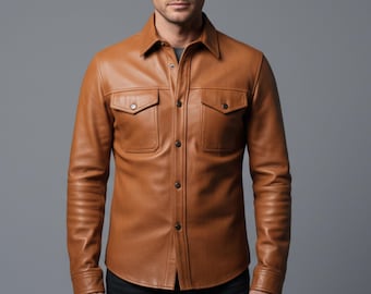 Bruin handgemaakt leren herenshirt - slim-fit luxe stijl echte schapenvachttop