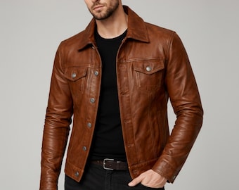 Chaqueta de camionero de cuero marrón hecha a mano para hombre, corte clásico entallado